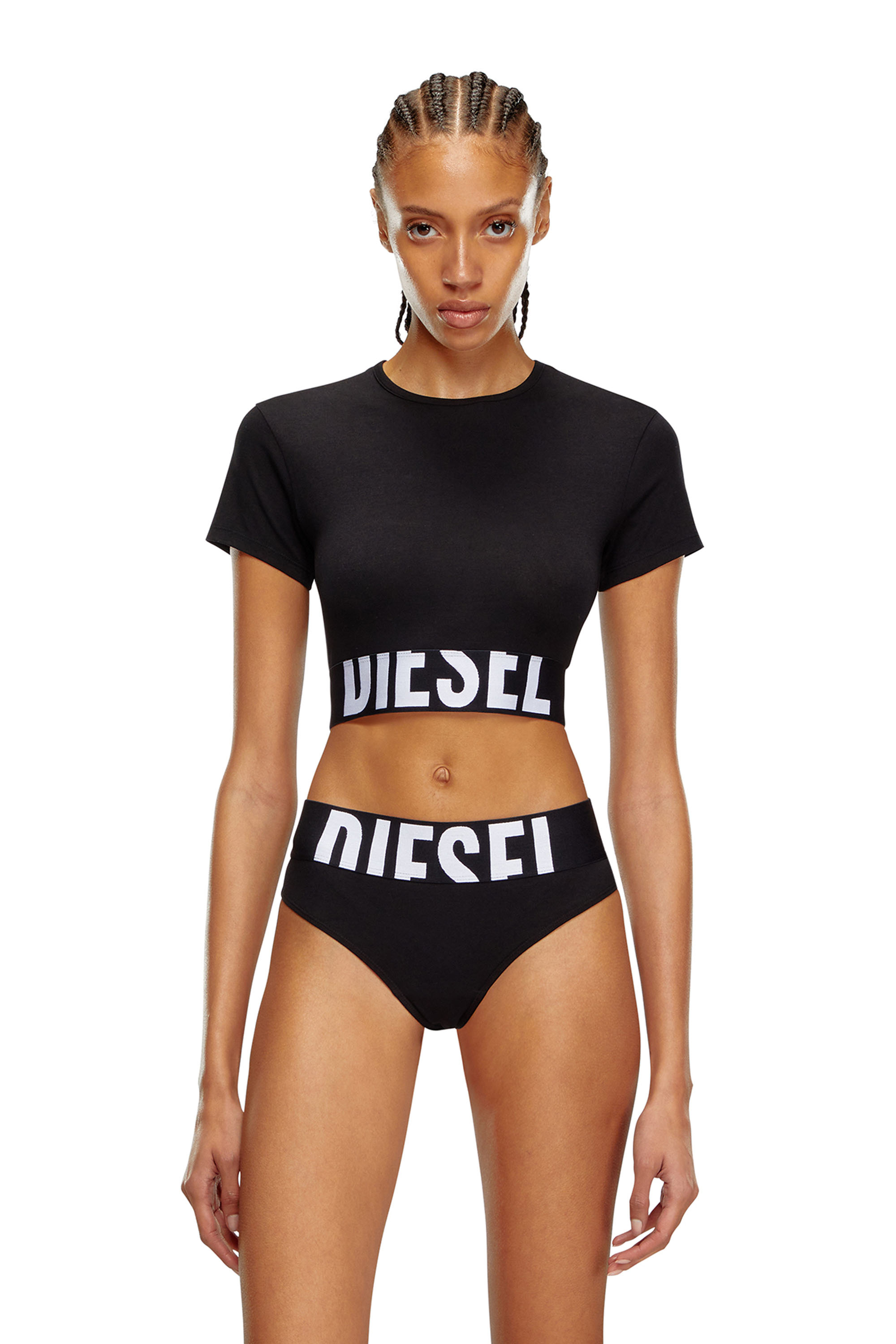 Diesel - UFTEE-SPORT-CROPPED-T-SHIRT, Top crop sportif avec bande à logo Femme in Noir - 1
